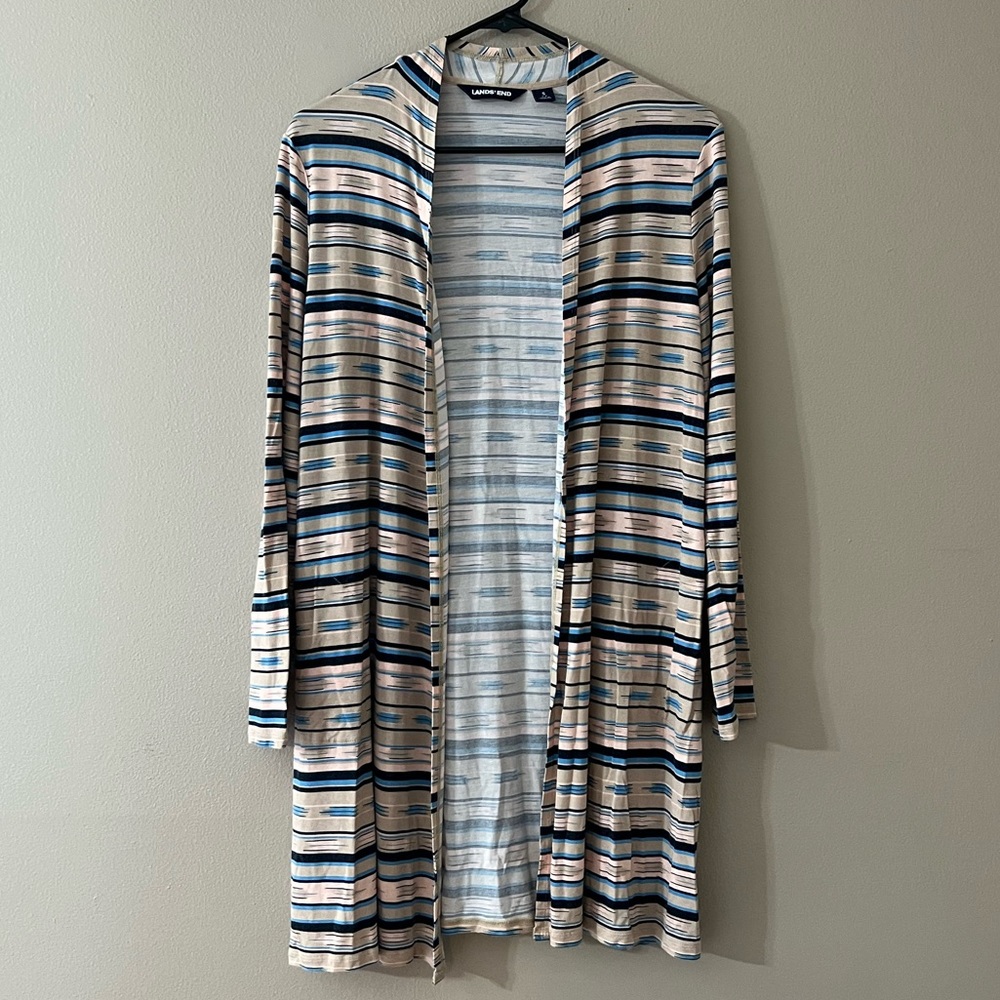 Lands End Lightweight Long Striped Cardigan with Pockets - Small
